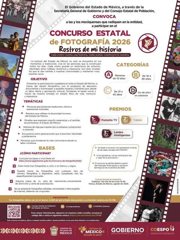 Cartel de Concurso Estatal de Fotografía "Rostros de mi historia" 2026